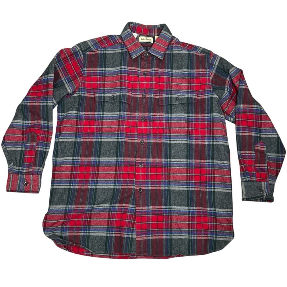 VTG LL Bean Mens Large GO27 Plaid Button Down Shirt 100% Cotton Red Blue Gray